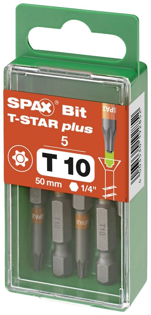 Eine grüne Kunststoffverpackung enthält fünf SPAX T-STAR plus Bits T10, 50 mm Länge, für Schraubendreher. Verpackung zeigt Bits und Markenlogo.