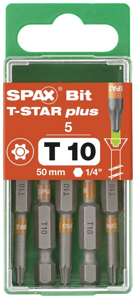 Ein Set aus fünf SPAX T-STAR plus Bits, Größe T10, Länge 50 mm, Sechskant 1/4 Zoll, in einer transparenten Kunststoffbox.