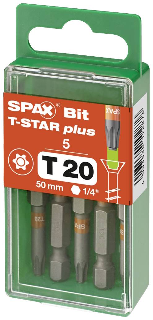 Eine Packung mit fünf SPAX T-STAR plus Bits, Größe T20, 50 mm lang, für Schraubendreher.