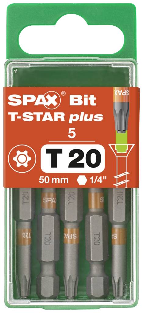 Satz von fünf SPAX Bits mit T-STAR plus T20 Profil, Länge 50 mm, für Schraubendreher. Verpackung ist grün mit orangefarbener Beschriftung.