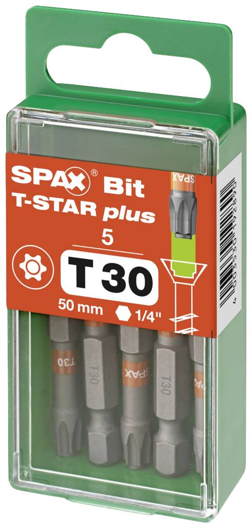 'SPAX Bit T-STAR plus, 5 Stück, T30, 50 mm, 1/4 Zoll' in einer grünen Verpackung. Hauptsächlich für Schraubarbeiten verwendet.