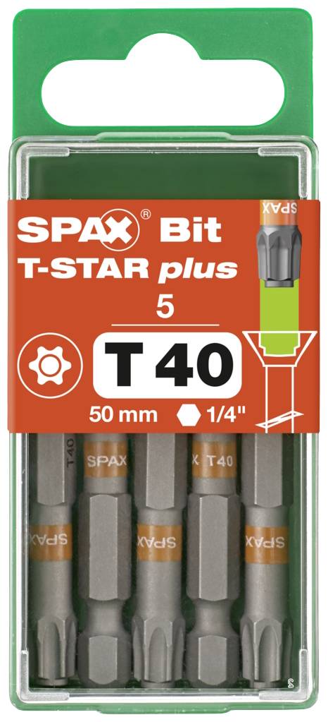 'SPAX Bit T-STAR plus T40', grüne Verpackung, 5 Bits, 50 mm Länge, 1/4 Zoll. Verwendung für Schraubverbindungen.