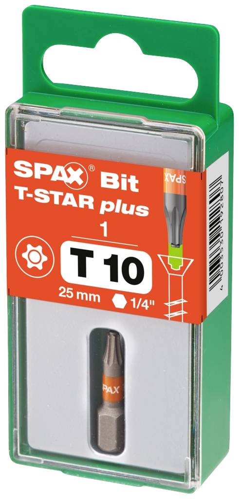 'SPAX Bit T-STAR plus T10, 25 mm Länge, 1/4 Zoll Aufnahme.' Verpackung mit einem Bohrerbit, das in einer grünen Kunststoffbox präsentiert wird.