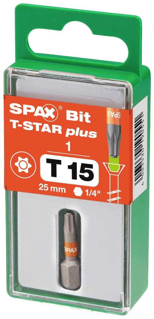 'SPAX Bit T-STAR plus T15', 25 mm Länge, in transparenter Verpackung mit grünem Deckel.