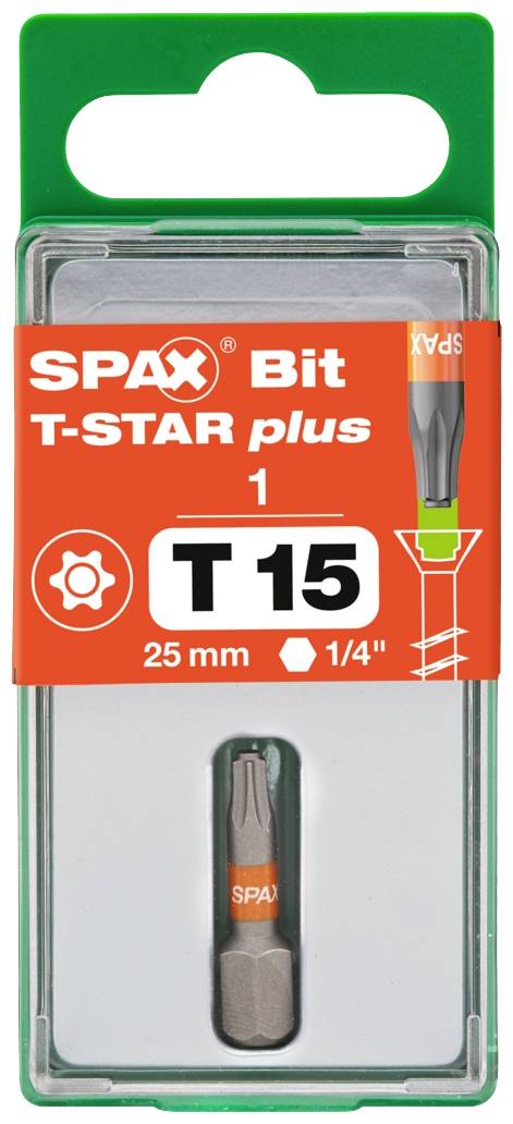 'SPAX Bit T-STAR plus T15', 25 mm, 1/4 Zoll, in grünem Etui. Verpackung zeigt Bit und Größe.