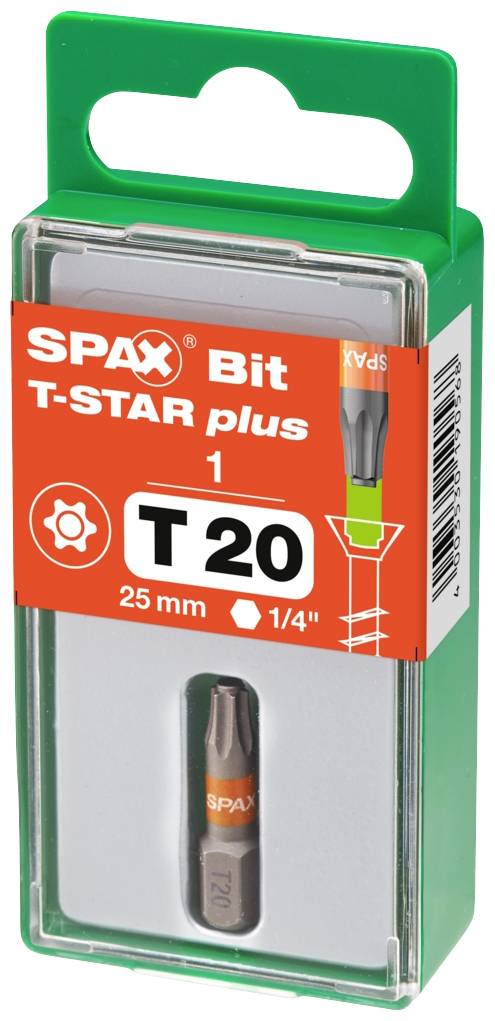 Bitsatz SPAX T-STAR plus, Größe T20, Länge 25 mm, Verpackung mit grünem Aufhänger.
