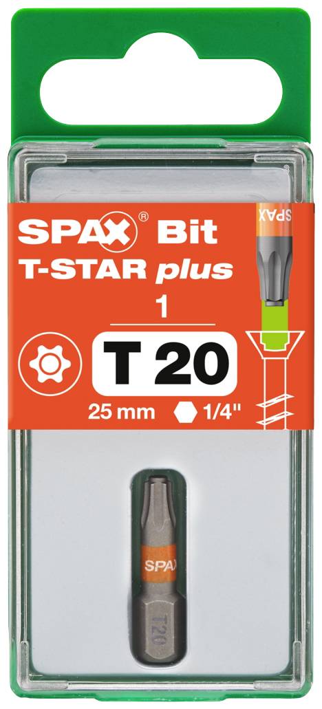 Bohrer-Bit von SPAX, Typ T-STAR plus T20, Länge 25 mm, 1/4 Zoll Antrieb. Verpackt in einer transparenten Kunststoffbox.