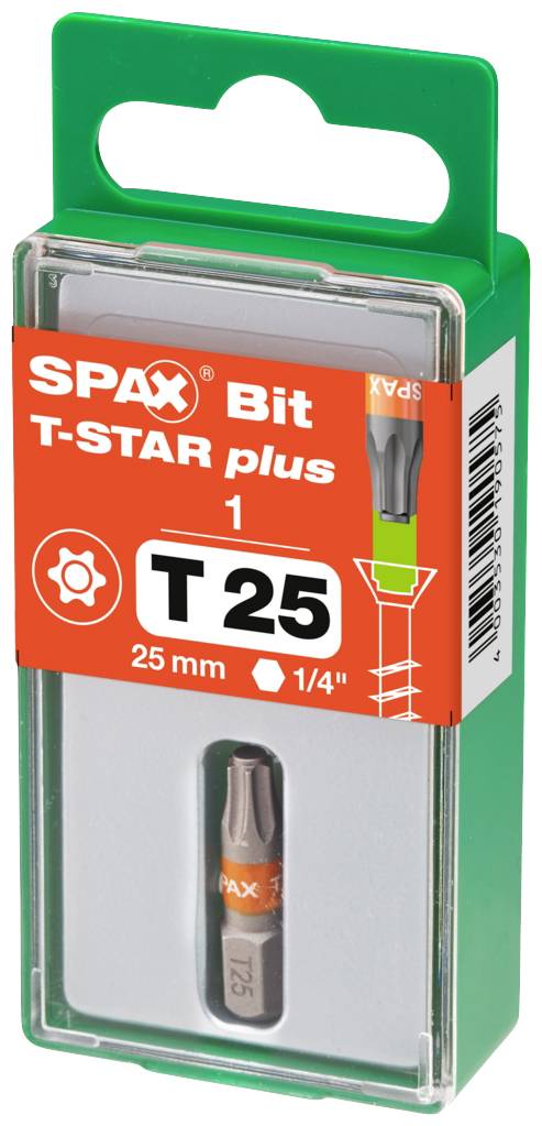 Ein Schrauberbit der Marke Spax T-STAR plus, Größe T25, Länge 25 mm, geeignet für 1/4 Zoll Antriebe, in einer grünen Verpackung.