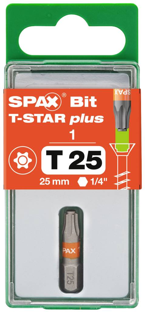 Bohrerbit-Verpackung von SPAX, T-STAR plus T25, 25 mm, 1/4 Zoll. Enthält ein Bit zum Schrauben mit T-Star-Profil.