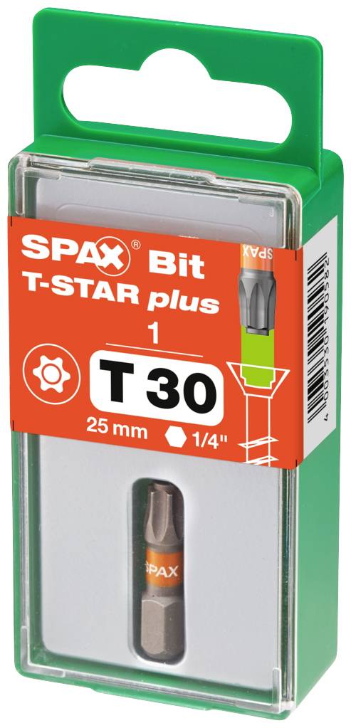 'SPAX Bit T-STAR plus T30', 25 mm Länge, 1 Stück in grünem Blisterpack.