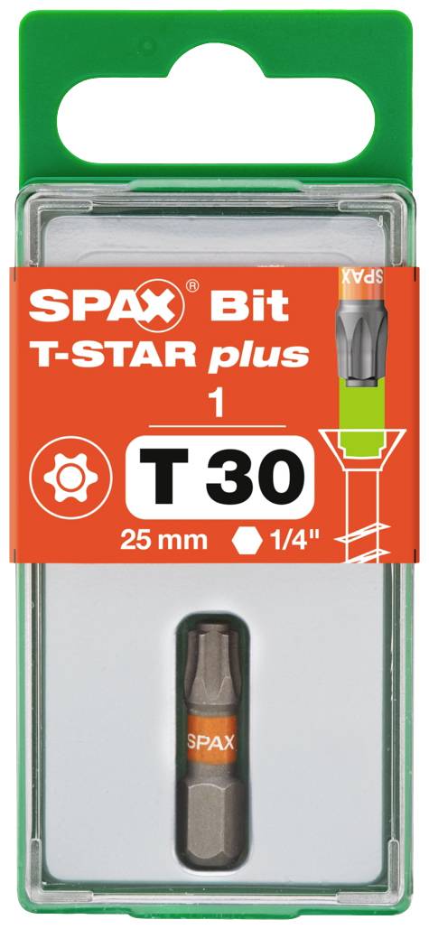 SPAX Bit T-STAR plus T30, 25 mm, 1/4 Zoll. Verpackung zeigt Bit und Produktinformationen. Geeignet für Schraubanwendungen.