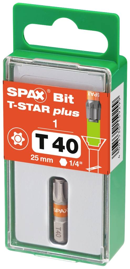Verpackung mit einem SPAX T-STAR plus Bit, Größe T40, 25 mm lang, 1/4 Zoll Aufnahme, in einer transparenten Box mit orangem Etikett.
