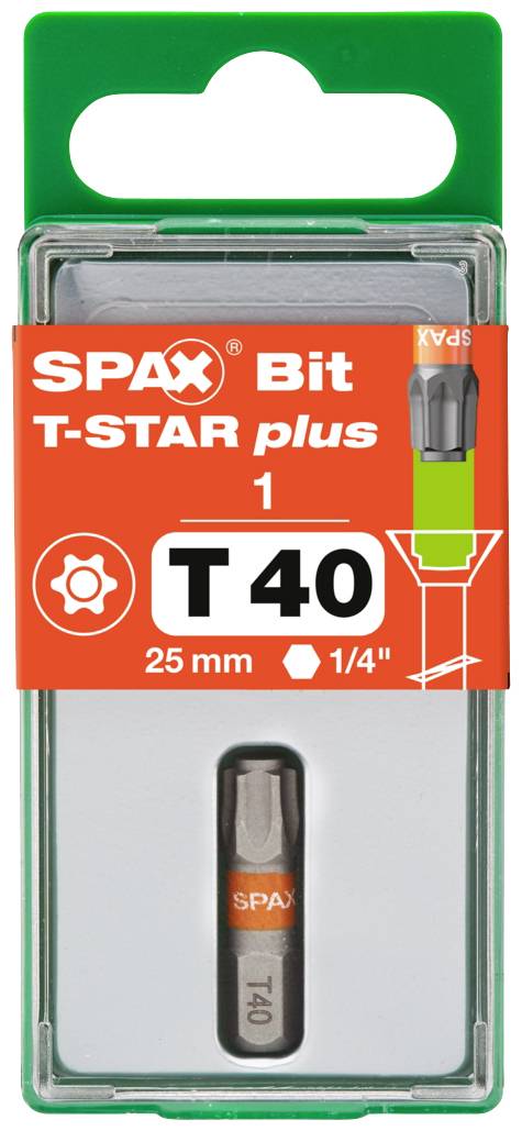 'SPAX T-STAR plus Bit T40, 25mm, 1/4 Zoll' in grünem Kunststoffetui. Markantes Logo und Beschriftung auf orangem Hintergrund.