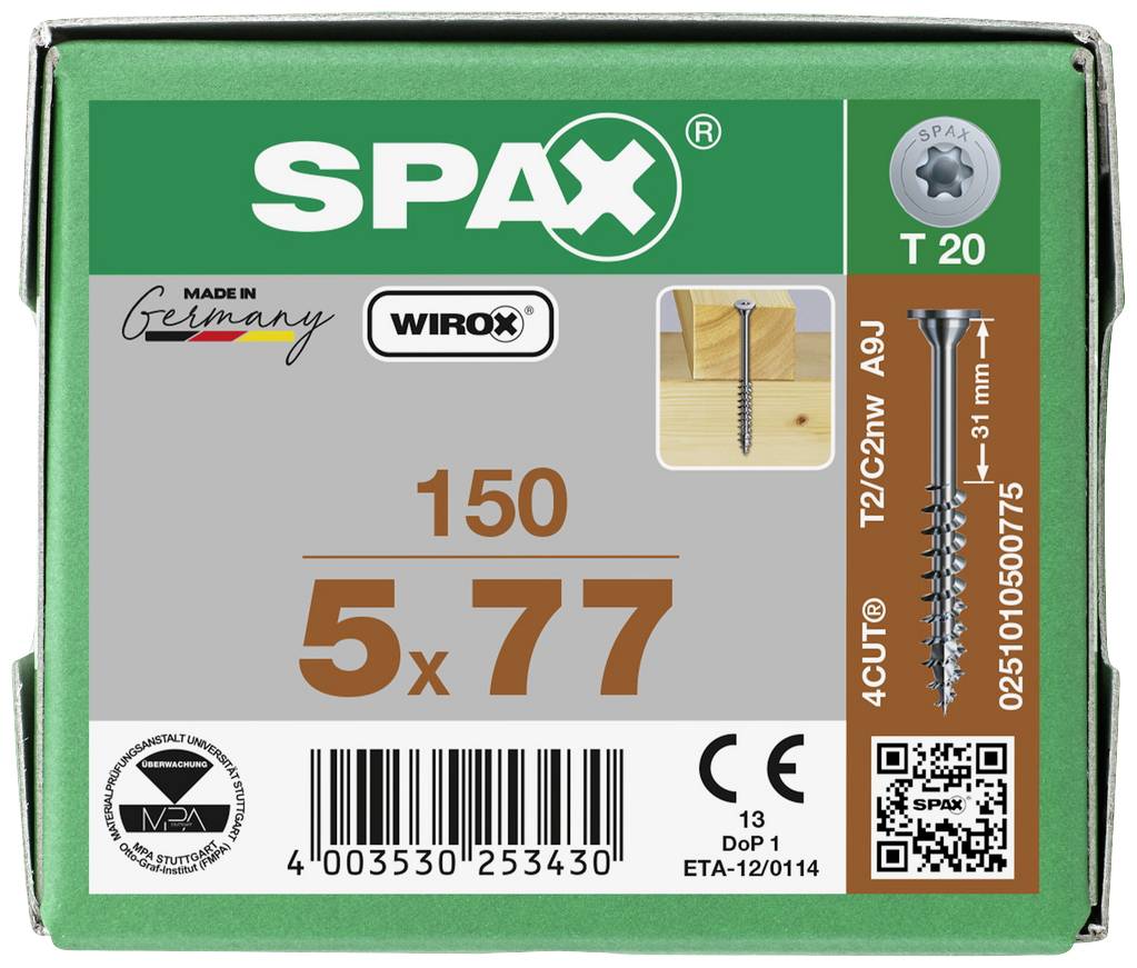 SPAX 0251010500775 Holzschraube 5 mm 77 mm T-STAR plus Stahl WIROX 150 St.