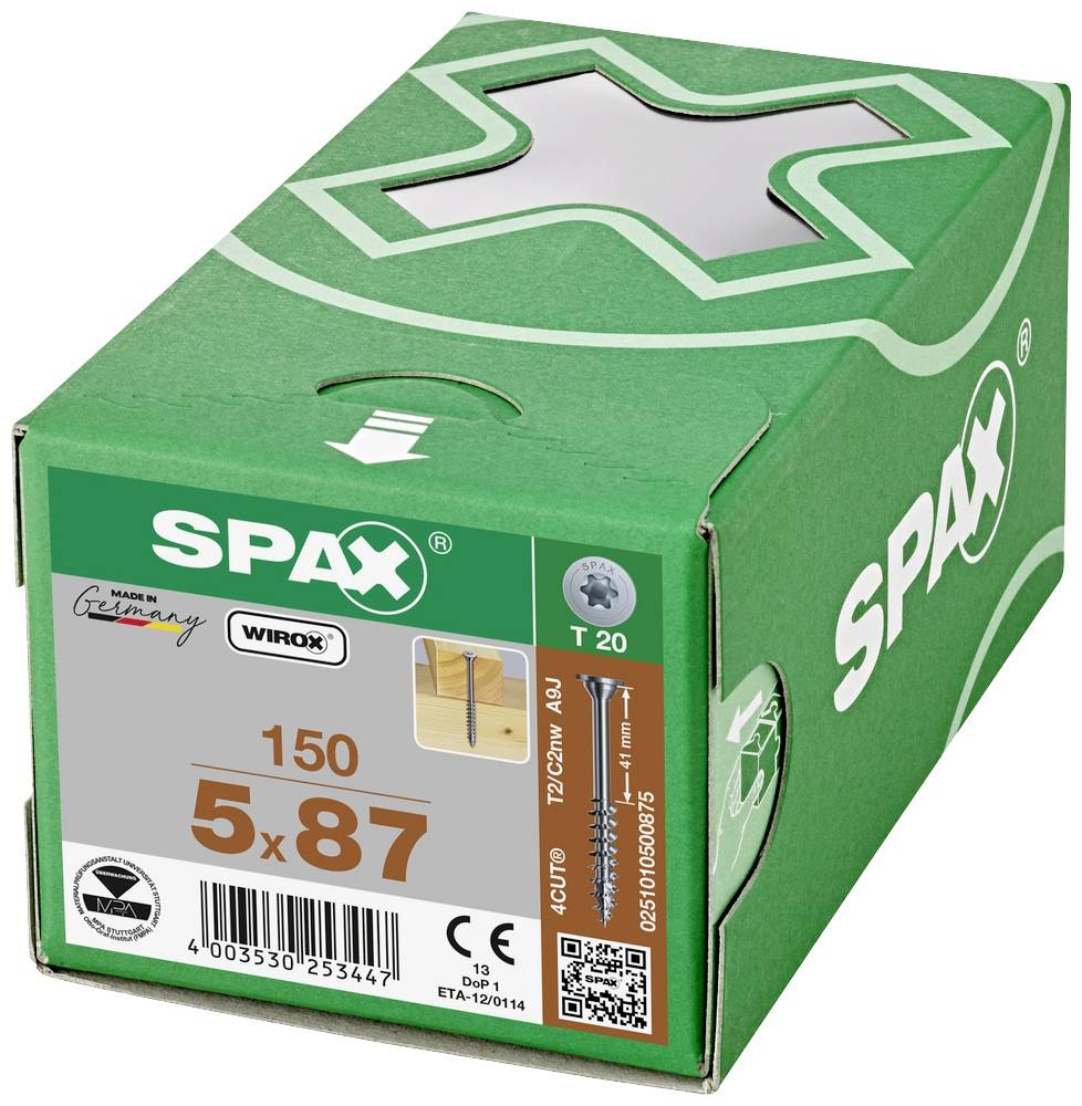 Grüner Karton mit der Aufschrift 'SPAX'. Enthält 150 Schrauben T20, 5x87 mm, hergestellt in Deutschland.
