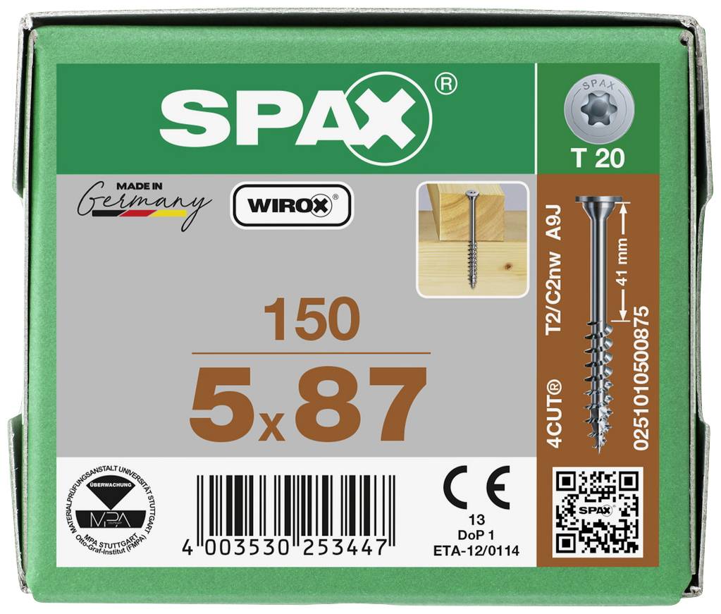 Eine grüne SPAX-Verpackung für 150 Schrauben, Größe 5x87 mm, mit Detailbild der Schraube und Hinweis auf die Anwendung in Holz.