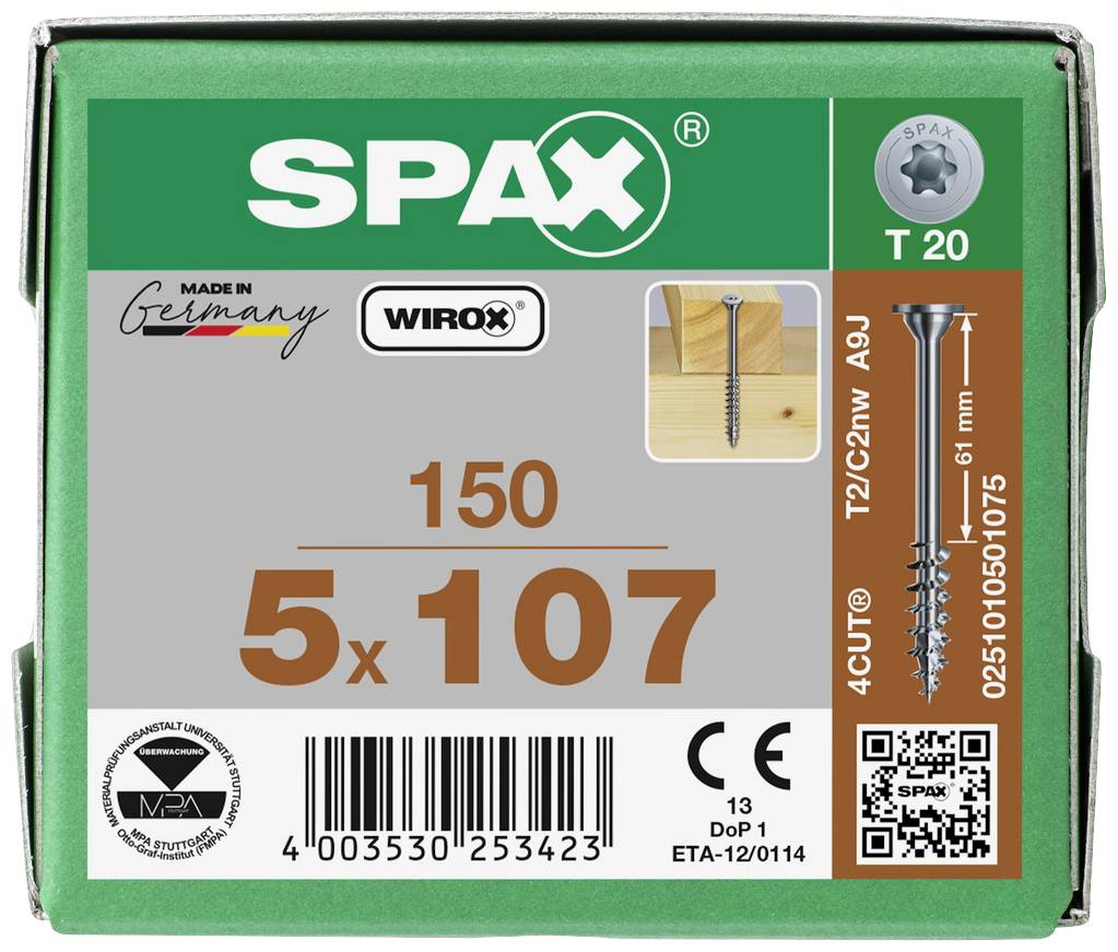 SPAX 0251010501075 Holzschraube 5mm 107mm T-STAR plus Stahl WIROX 150St.