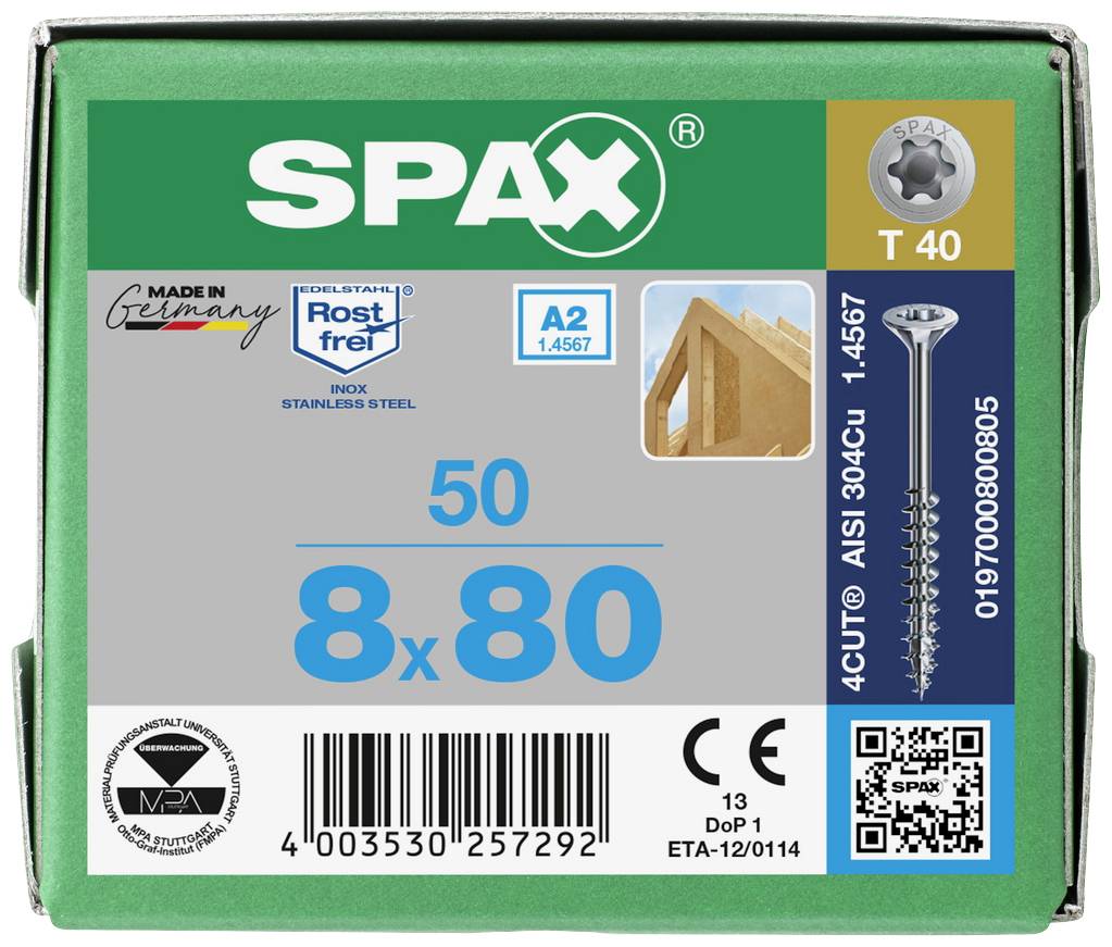 SPAX 0197000800805 Holzschraube 8mm 80mm T-STAR plus Edelstahl A2 50St.