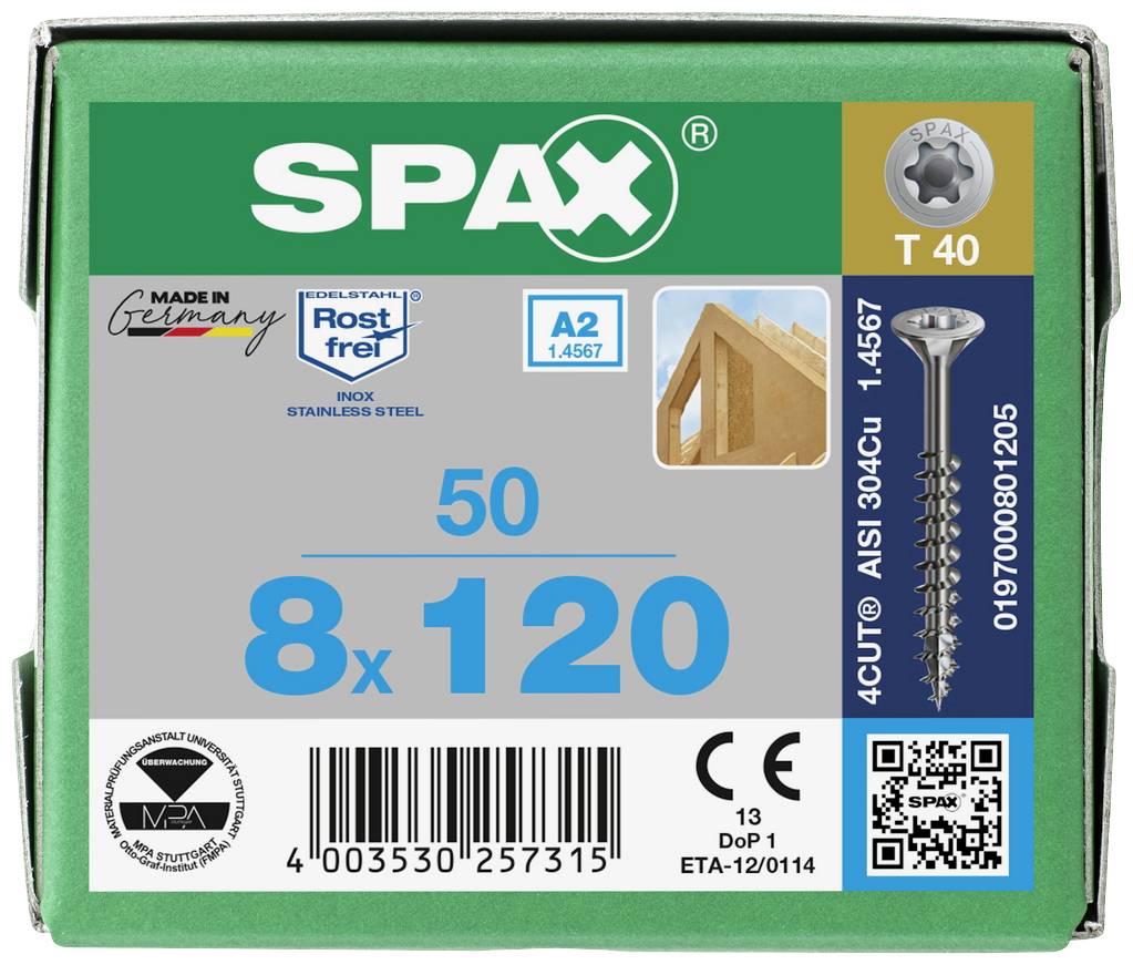 SPAX 0197000801205 Holzschraube 8 mm 120 mm T-STAR plus Edelstahl A2 50 St.