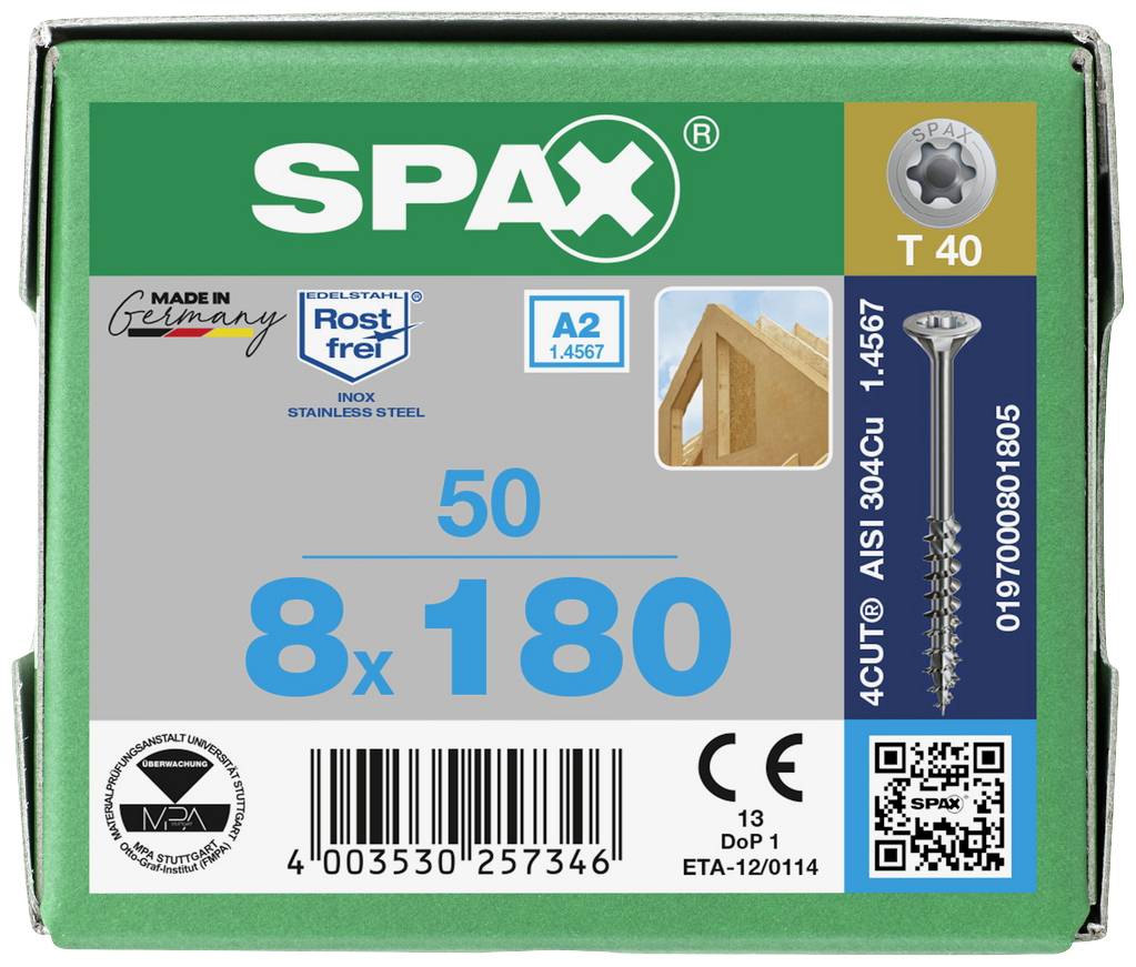 SPAX 0197000801805 Holzschraube 8 mm 180 mm T-STAR plus Edelstahl A2 50 St.