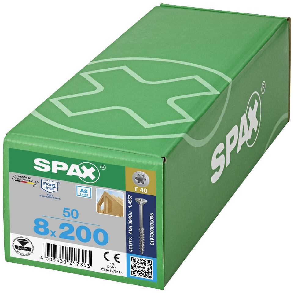 SPAX 0197000802005 Holzschraube 8 mm 200 mm T-STAR plus Edelstahl A2 50 St.
