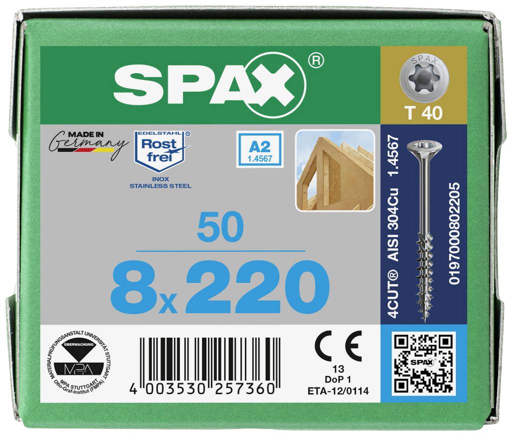 SPAX 0197000802205 Holzschraube 8 mm 220 mm T-STAR plus Edelstahl A2 50 St.