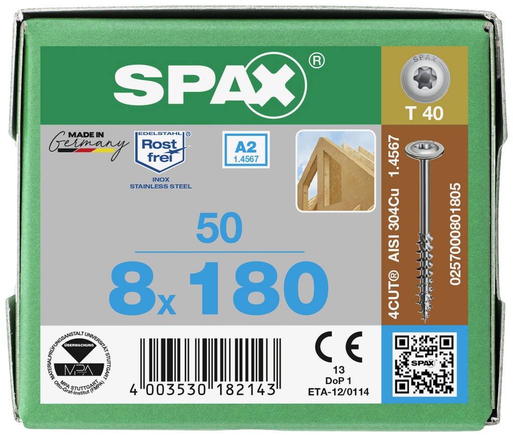 SPAX 0257000801805 Holzschraube 8 mm 180 mm T-STAR plus Edelstahl A2 50 St.
