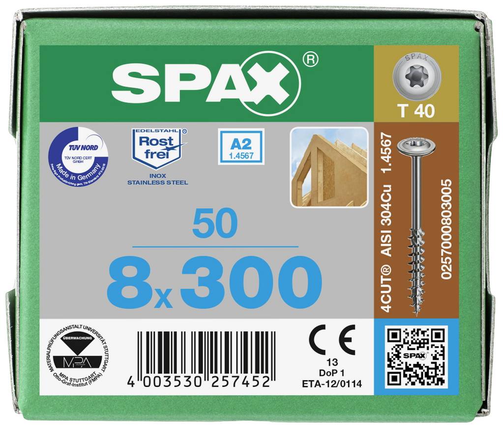 SPAX 0257000802405 Holzschraube 8mm 240mm T-STAR plus Edelstahl A2 50St.
