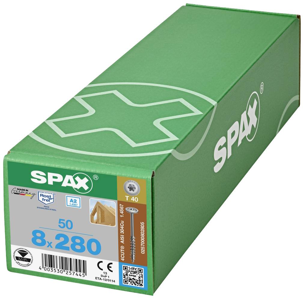 Grüne Schachtel mit der Aufschrift 'SPAX'. Enthält 50 Schrauben, Größe 8x280 mm, geeignet für Holz. Zertifizierungen und Logos aufgedruckt.