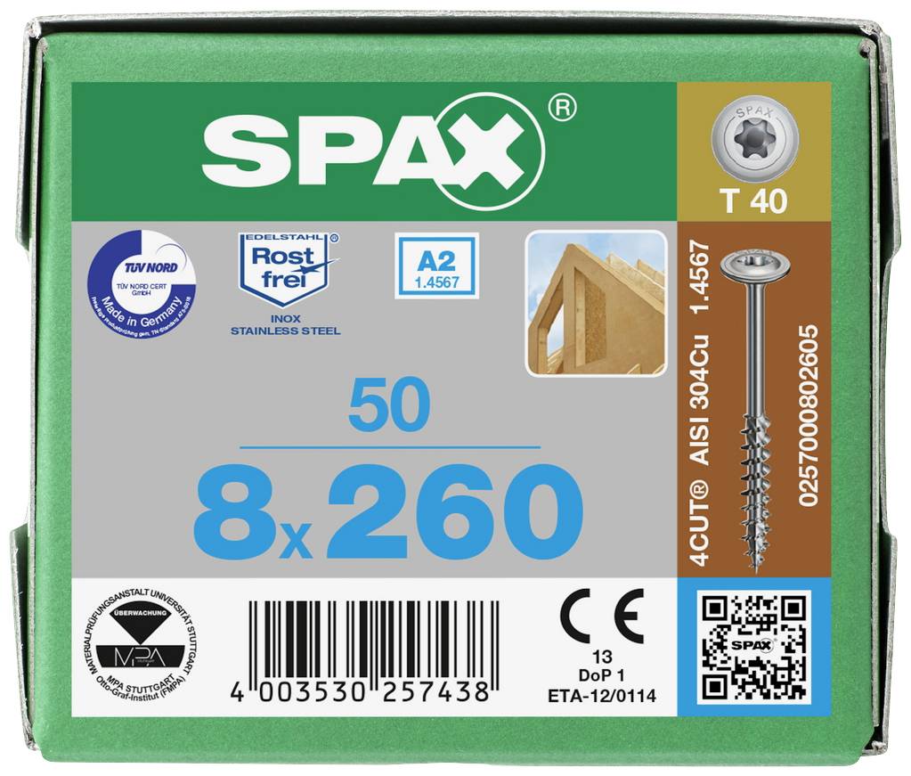 Grüne SPAX-Schraubenverpackung für Holz, 8x260 mm, 50 Stück. Edelstahl A2, rostfrei, mit T40-Antrieb und Barcode.