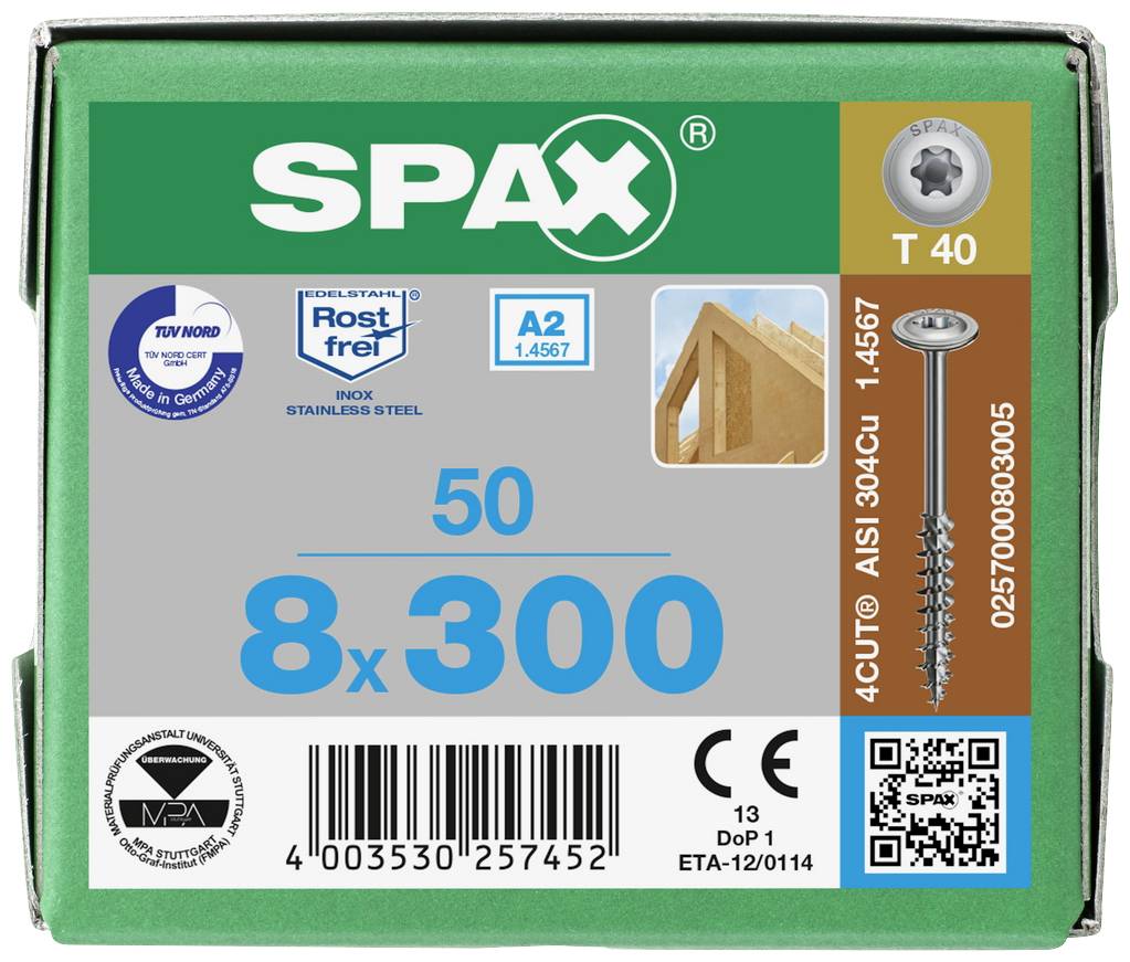 SPAX 0257000803005 Holzschraube 8 mm 300 mm T-STAR plus Edelstahl A2 50 St.