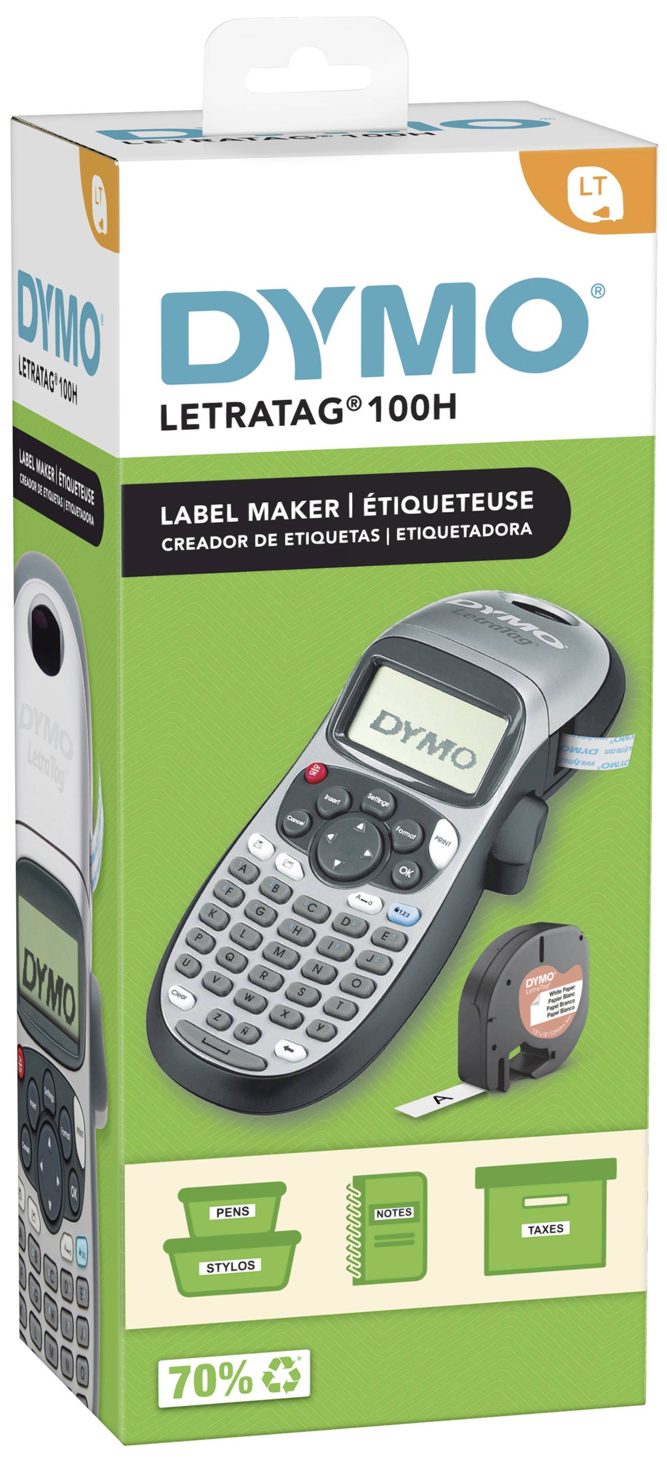 Etikettiergerät Dymo LetraTag 100H in Verpackung. Enthält Gerät, Etikettenband und Beispieletiketten. Ideal für Organisation und Beschriftung.