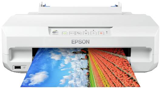 Ein Tintenstrahldrucker, der ein Foto mit bunten Tulpenfeldern ausdruckt. Der Drucker gehört zur Marke Epson.