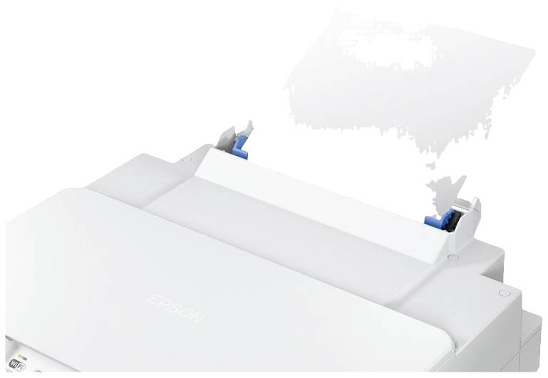 Ein weißer Epson-Drucker mit einem Papierfach, das halb gefüllt ist. Links neben dem Fach befinden sich blaue Papierführungen.