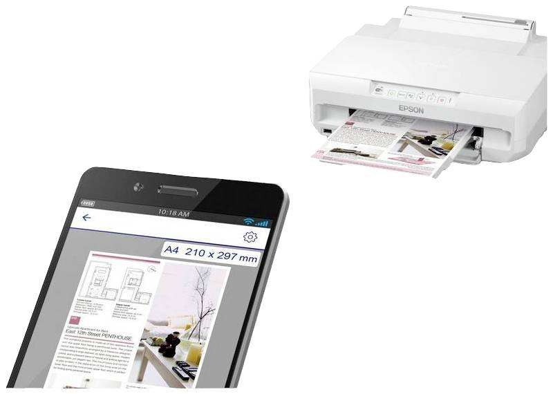 Ein Drucker druckt ein Dokument. Im Vordergrund zeigt ein Smartphone-Bildschirm die Druckvorschau des Dokuments im Format A4.