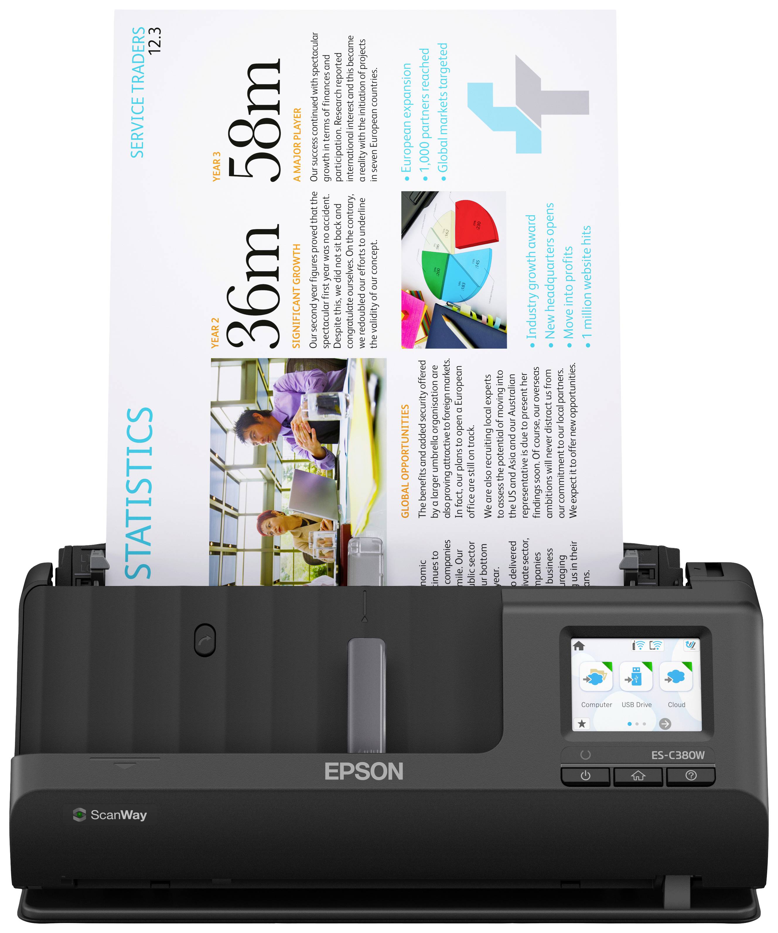 Ein Epson-Scanner scannt ein Dokument mit Statistiken, Diagrammen und Texten zu 'Service-Trends' und 'Statistiken'.