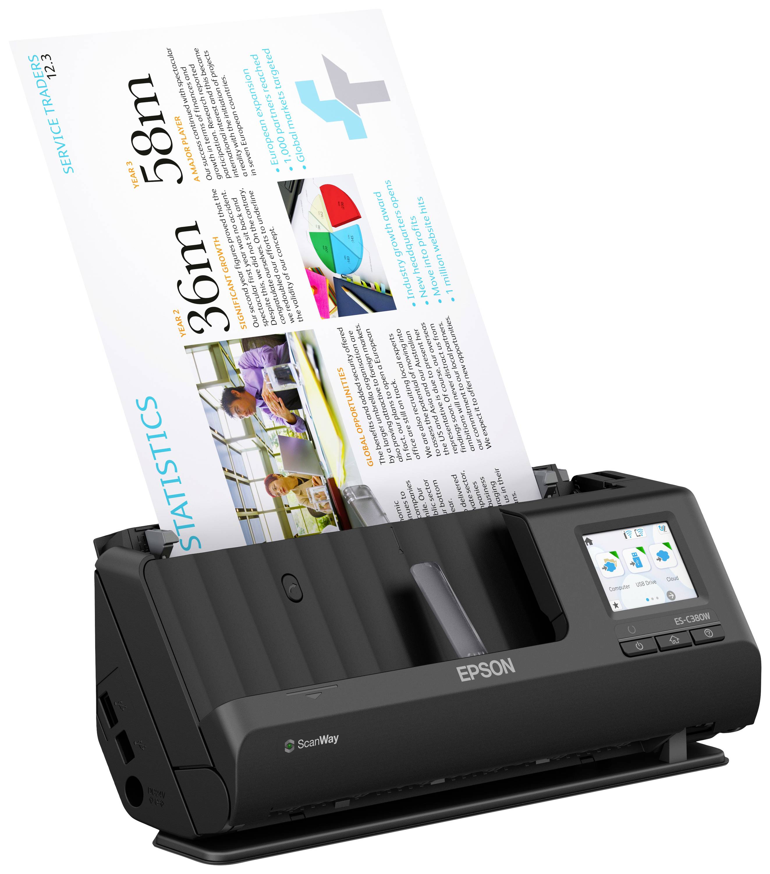 Ein Dokumentenscanner scannt ein buntes Papierdokument. Auf dem Bildschirm sind Diagramme und Statistiken zu sehen.