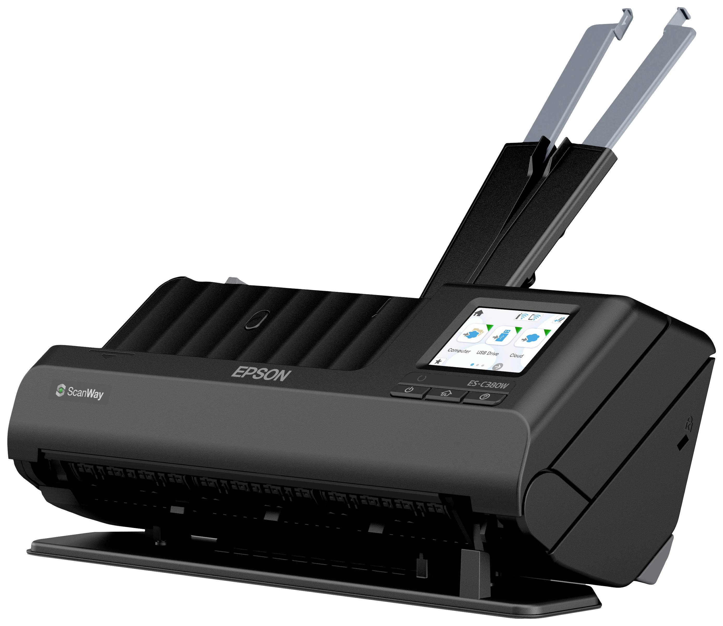 Ein schwarzer Epson-Scanner mit geneigtem Papierfach und Farbdisplay zeigt Scangrafiken.