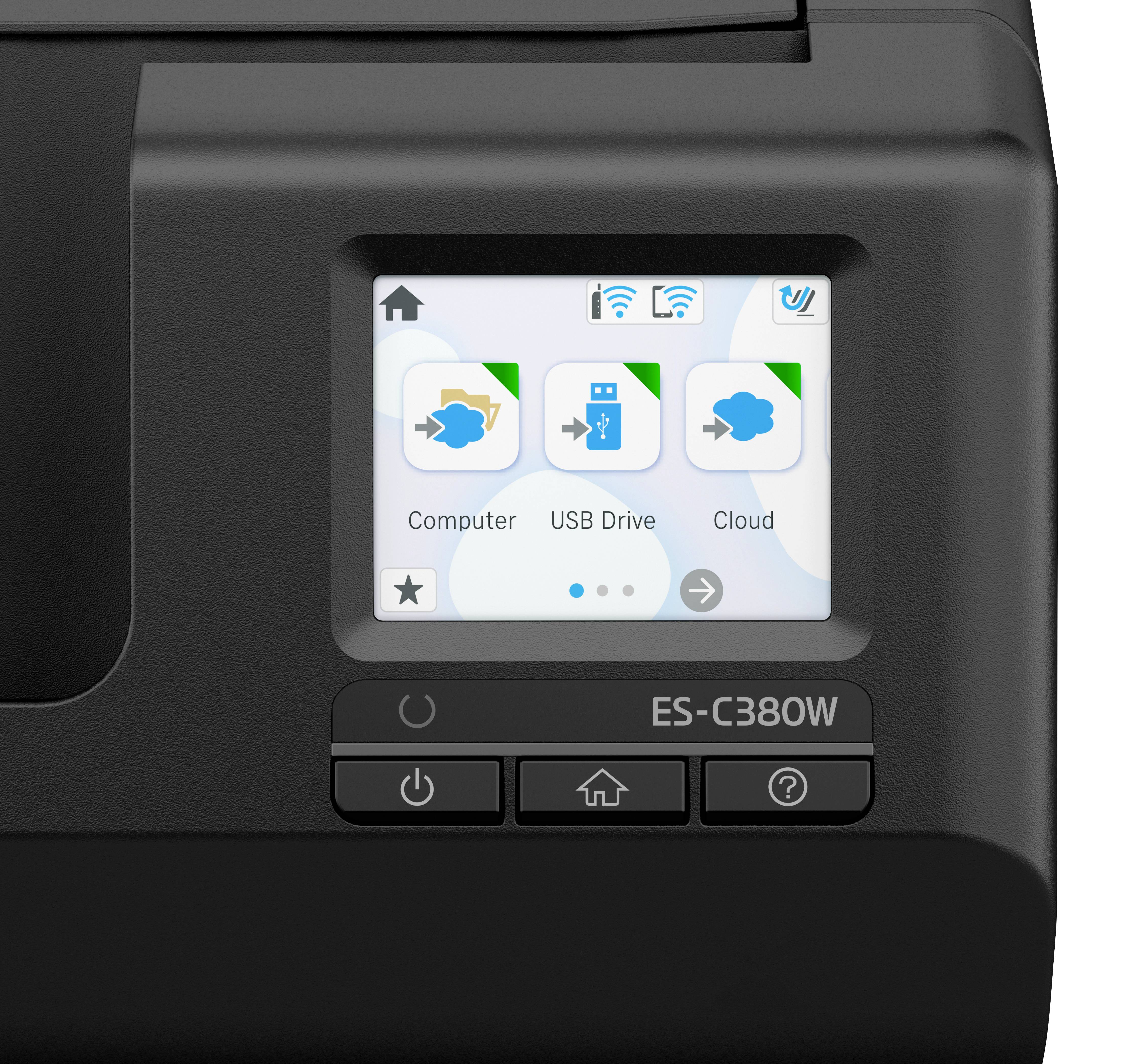 Ein Drucker zeigt auf dem Display drei Optionen zur Dateispeicherung: 'Computer', 'USB Drive', 'Cloud'. Darunter sind Bedienelemente.