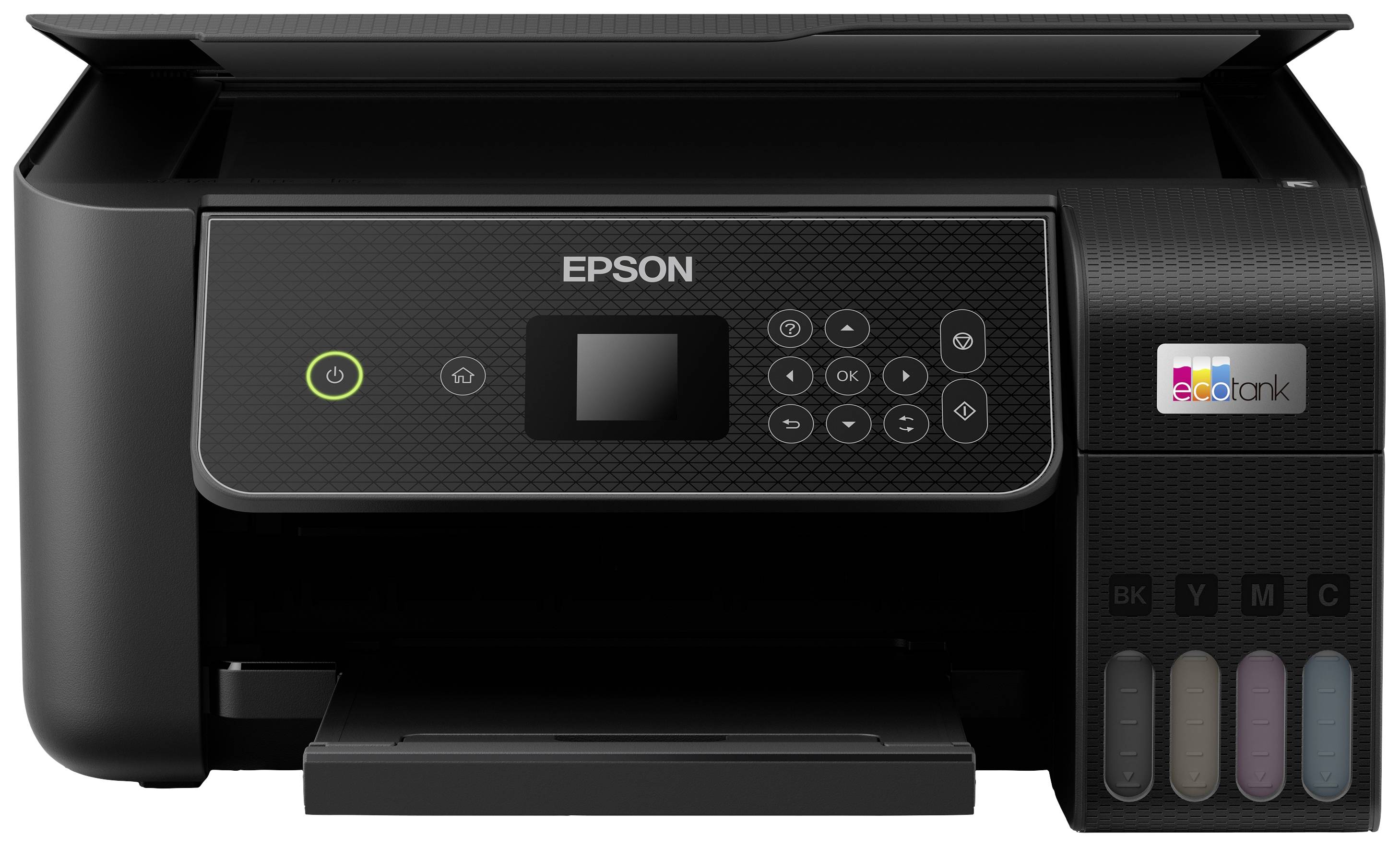 Ein schwarzer Epson-Drucker mit EcoTank-System, erkennbar an den vier Tintentanks auf der rechten Seite, für Farbdrucke.