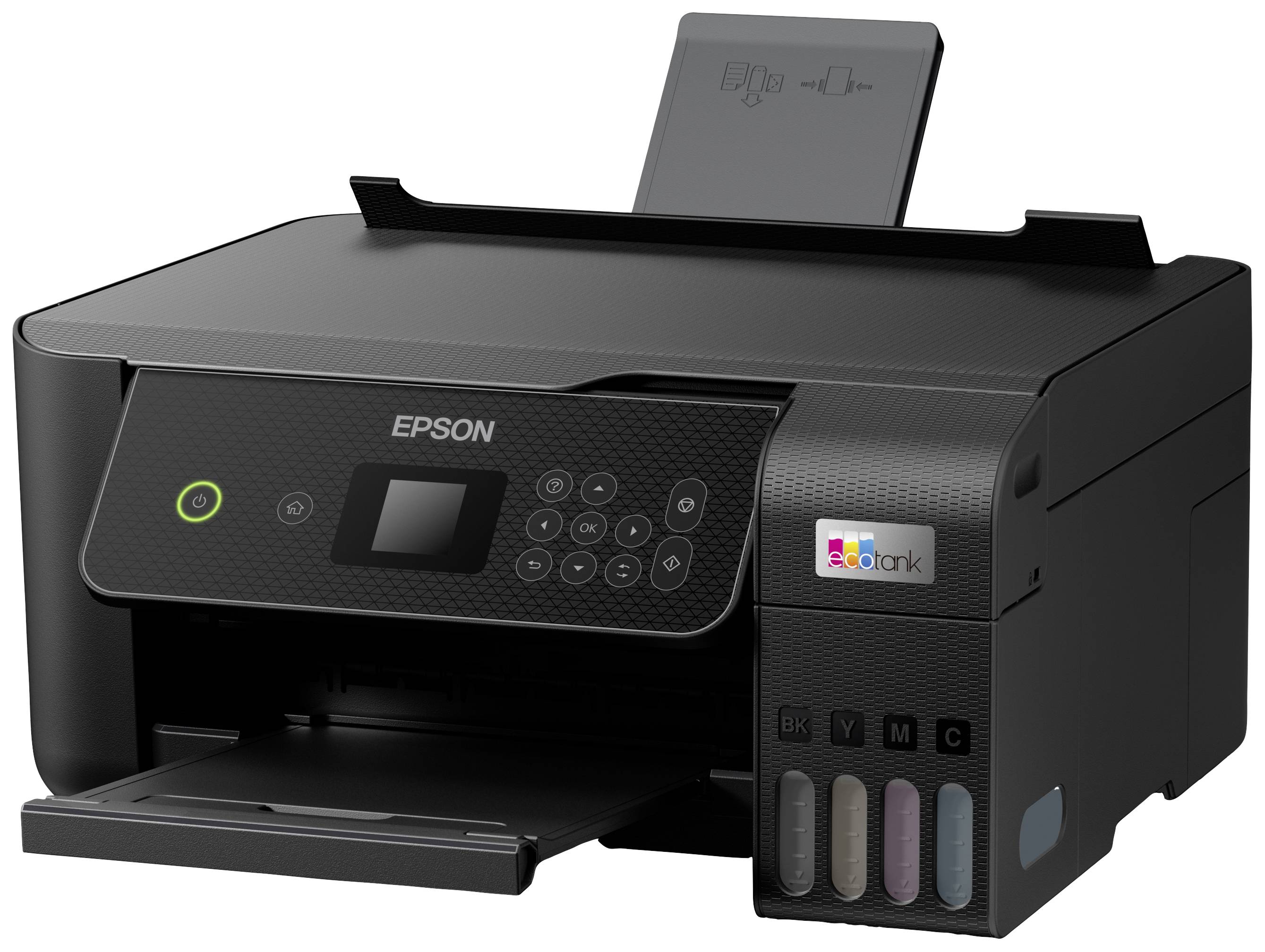 Ein schwarzer Epson Drucker mit Bedienfeld, Farbanzeige und Papiereinzug. Ideal für den Heim- oder Bürogebrauch.