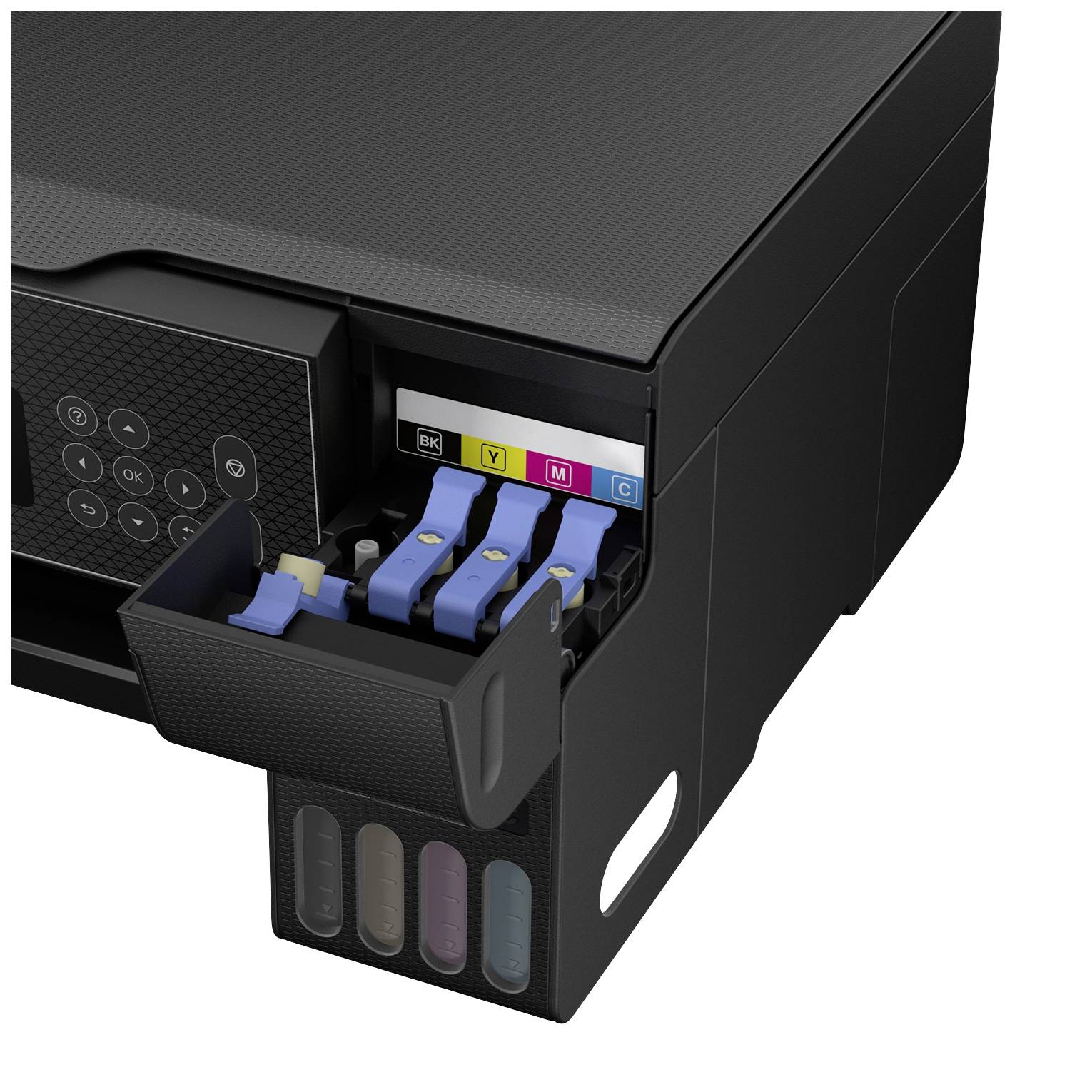 Tintenstrahldrucker mit geöffneter Klappe, zeigt vier Tintenpatronen in den Farben Schwarz, Gelb, Magenta und Cyan.