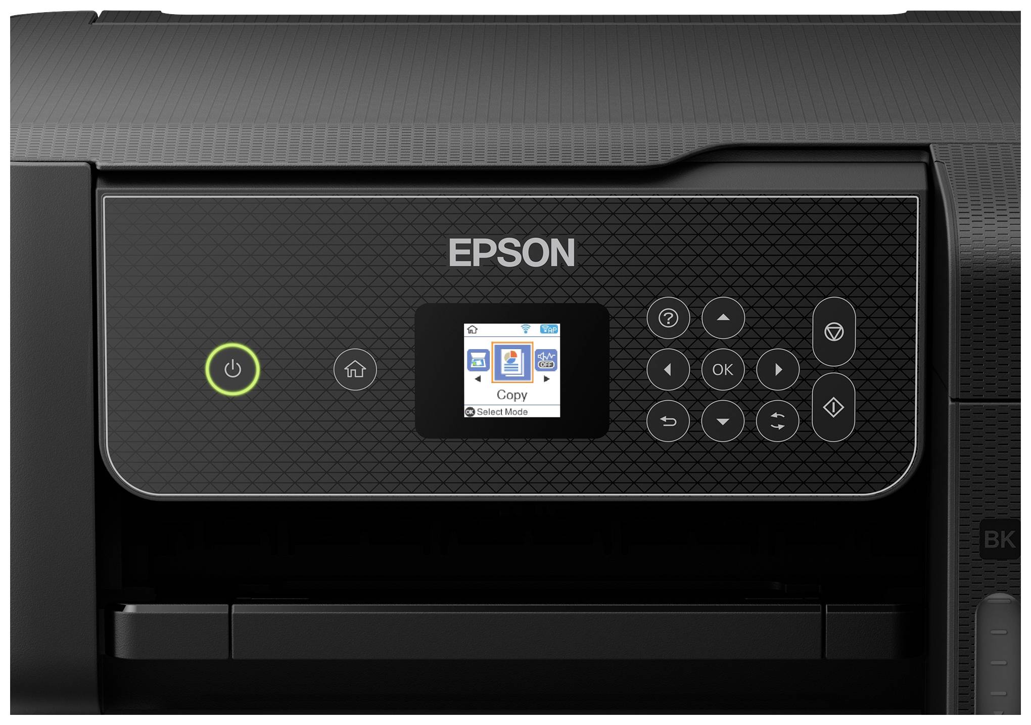 Ein Epson-Drucker mit Farbdisplay zeigt das Menü zur Auswahl von 'Copy'. Tasten für Start, Home und Navigation sind sichtbar.