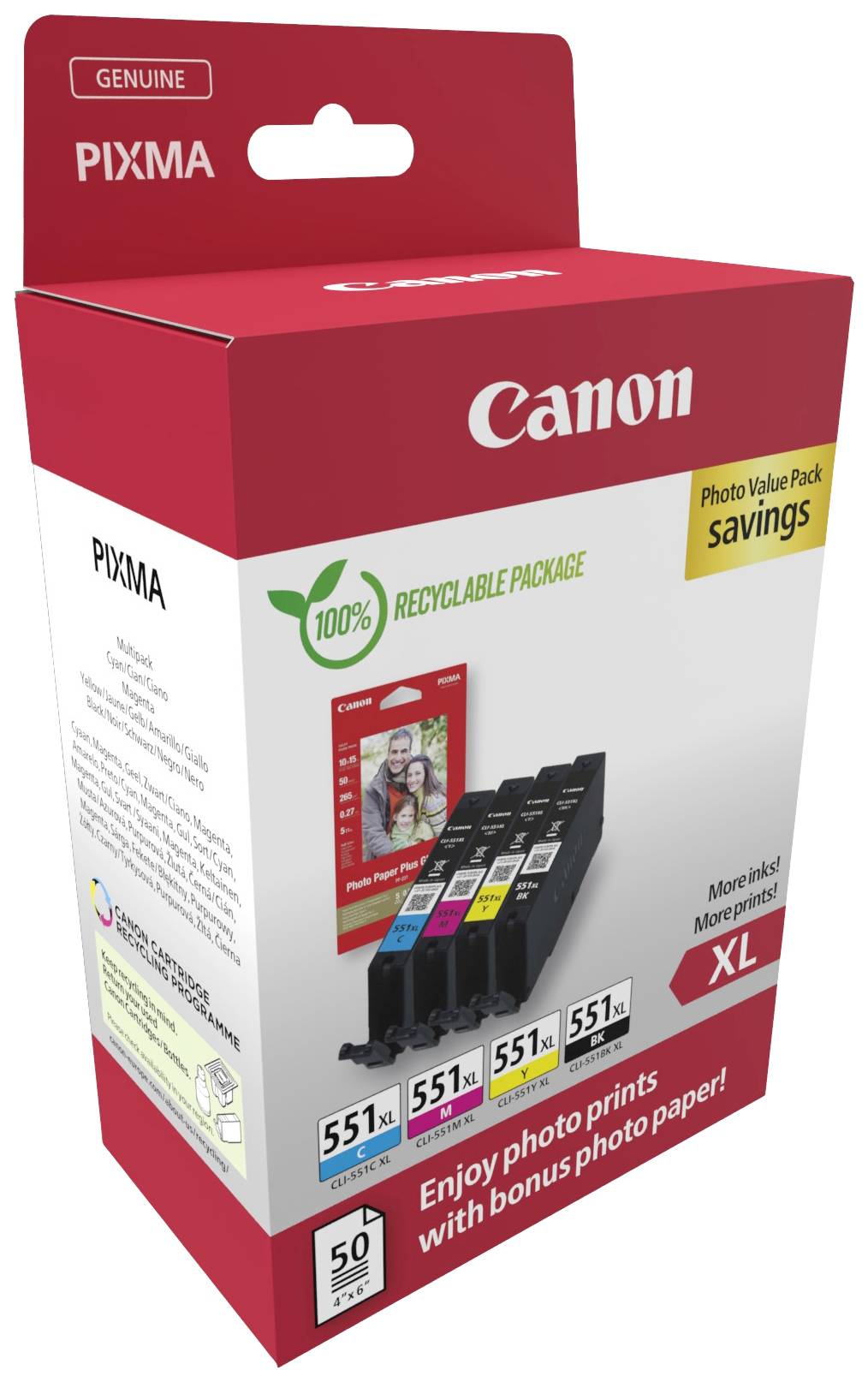 Canon Tintenpatronen-Packung, PIXMA-Serie, XL-Größe. Enthält fünf Tintenfarben und ein 50er-Pack Fotopapier. Umweltfreundlich.