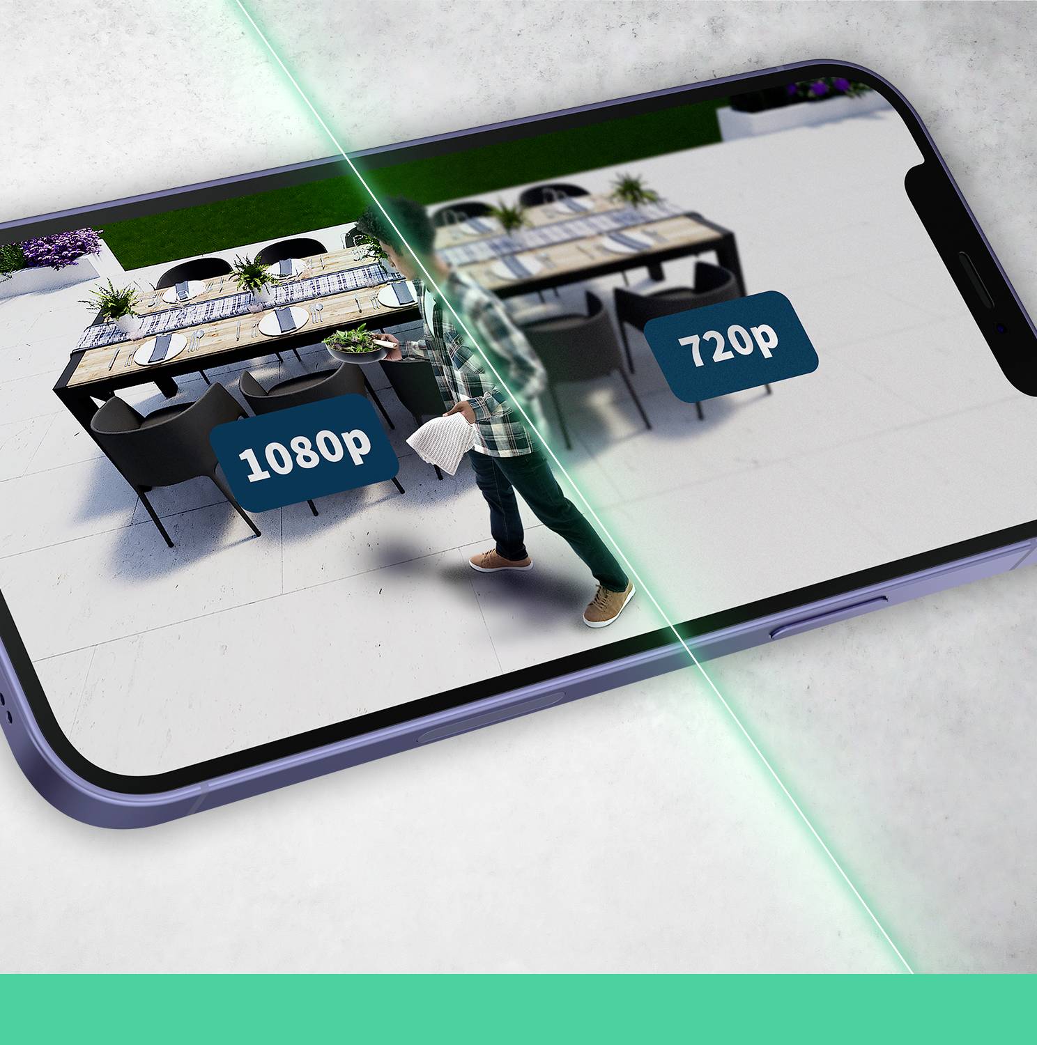 Ein Smartphone-Bildschirm zeigt einen Videoanruf. Links '1080p', rechts '720p'. Eine Person trägt einen Teller. Ein grüner Laserstrahl trennt die Seite.