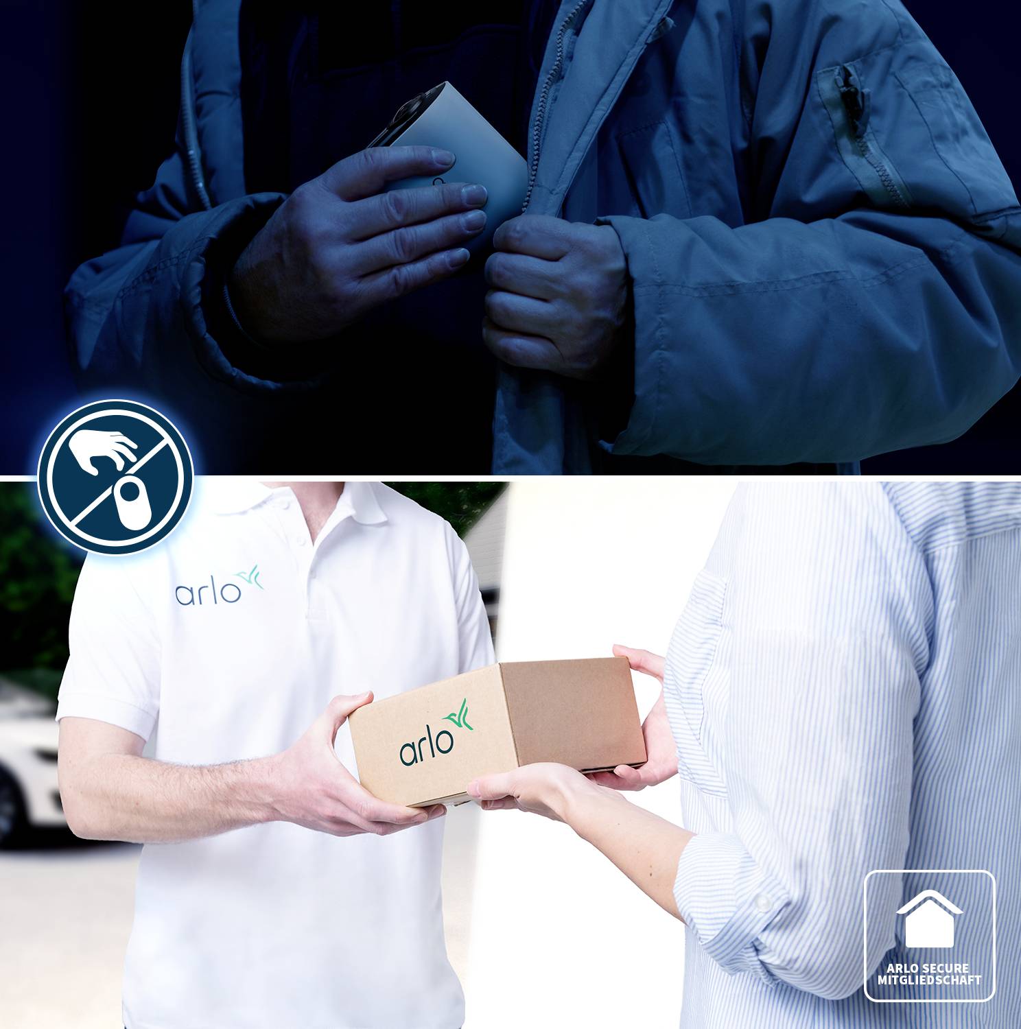 Eine Person in einer Jacke hält ein Paket im Dunkeln (oben). Unten übergibt jemand im 