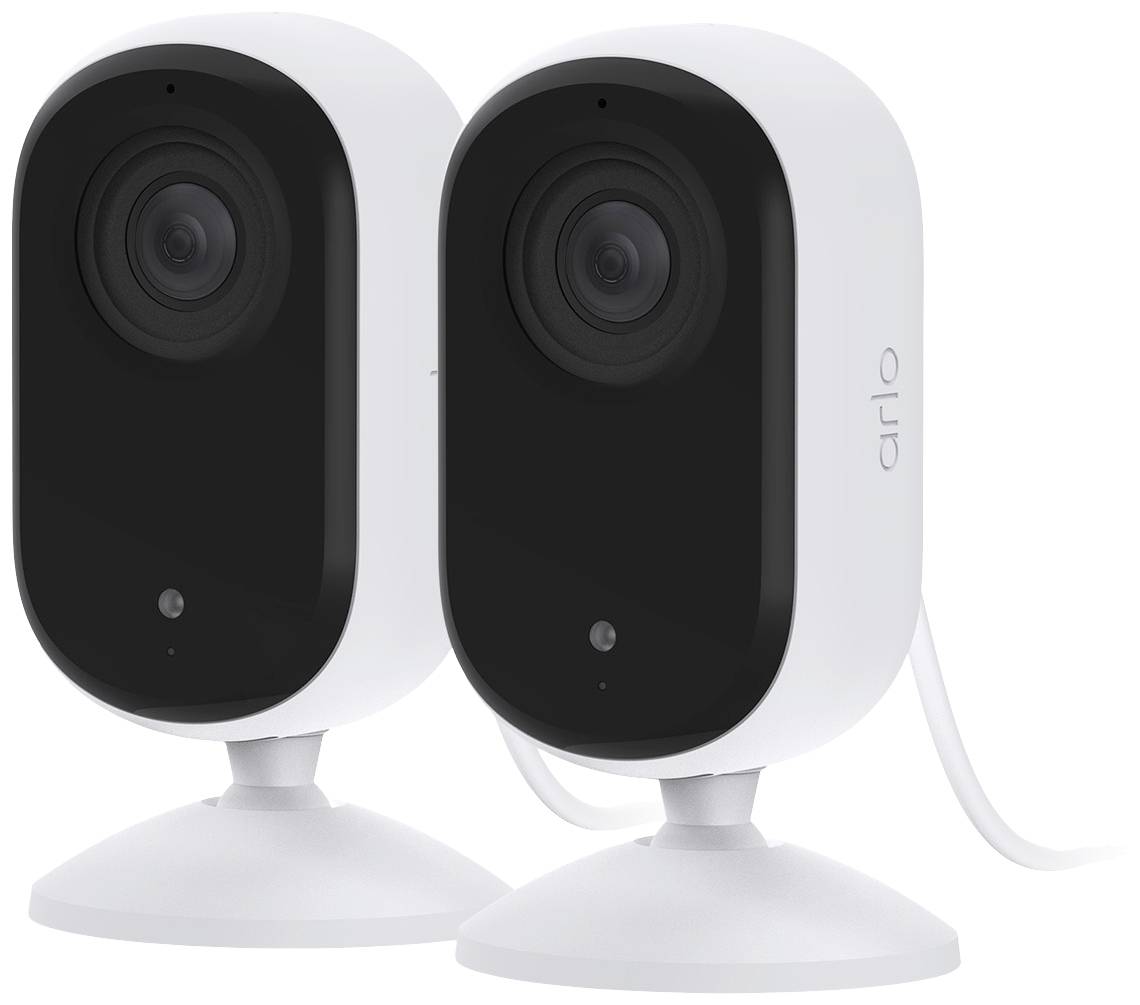 Zwei weiße Überwachungskameras auf Standfüßen, mit dem Markennamen 'arlo' an der Seite, zeigen nach vorne. Sie sind nebeneinander aufgestellt.