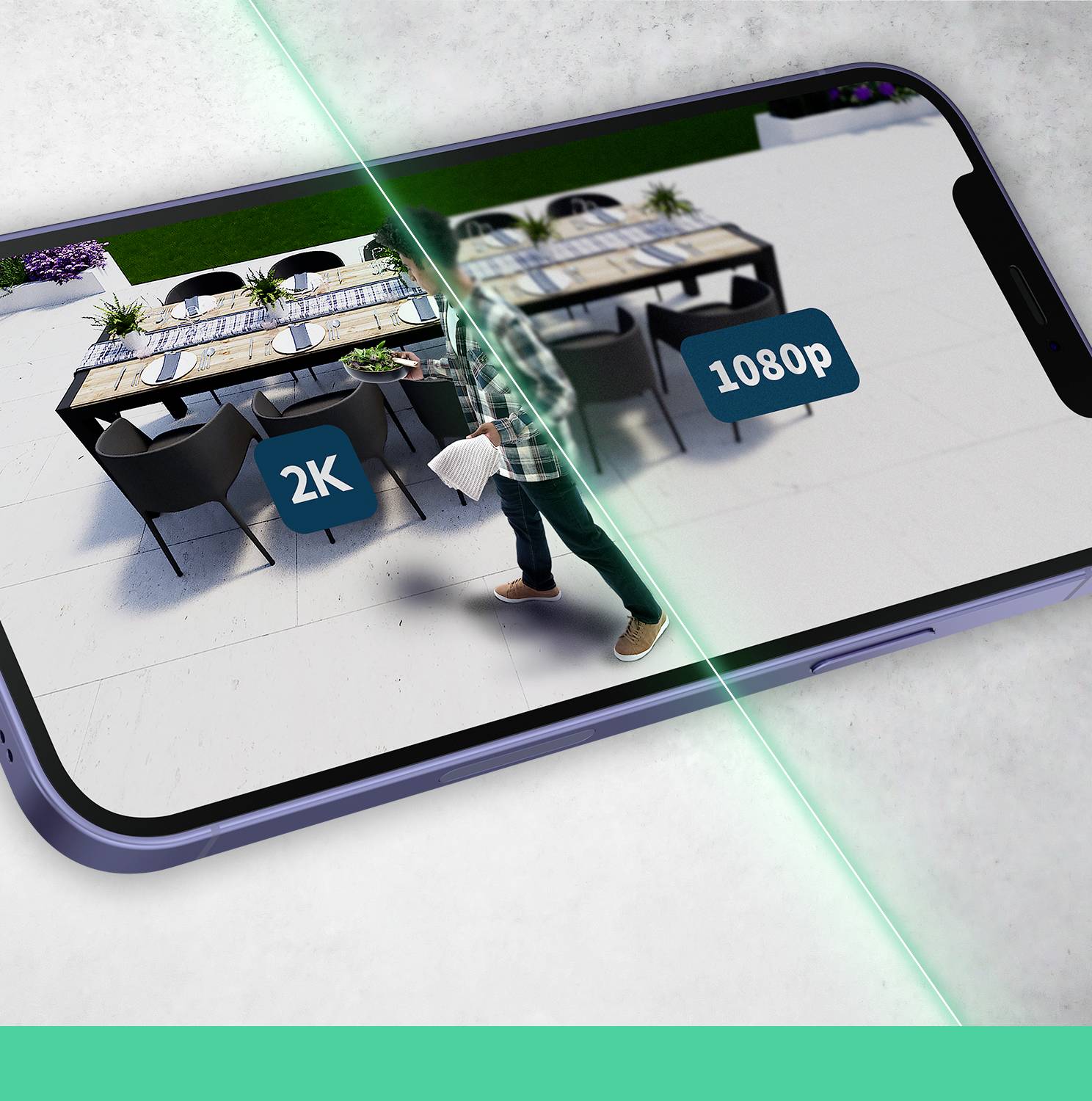 Ein Smartphone-Bildschirm zeigt einen Tisch und eine Person, geteilt durch eine grüne Linie. Links in 2K, rechts in 1080p-Auflösung.