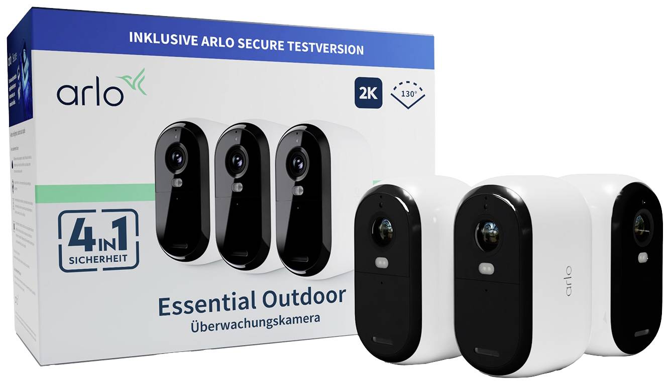 'Arlo Essential Outdoor Überwachungskamera' Verpackung mit zwei Kameras daneben. Aufschrift: '4-in-1 Sicherheit', '2K', Blickwinkel 130°.