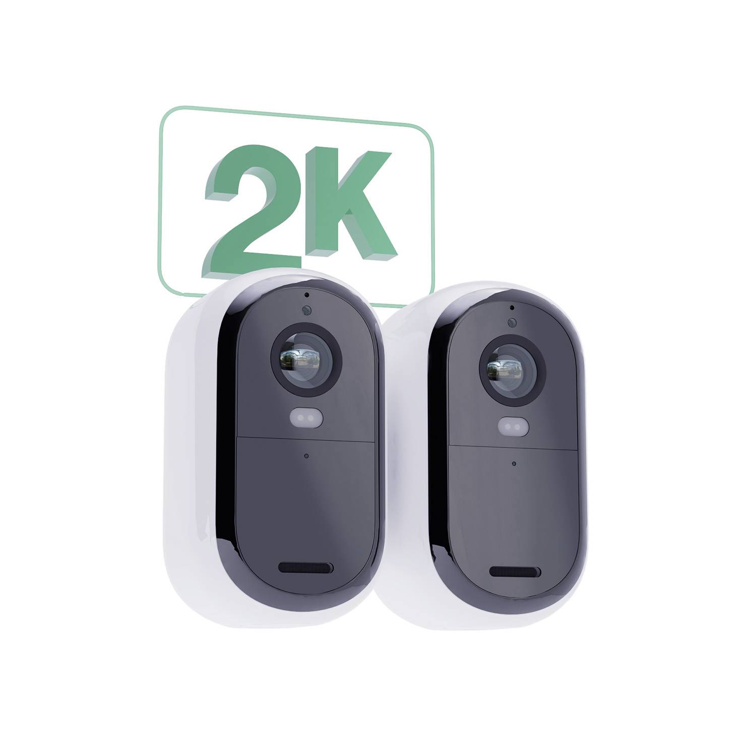Zwei Überwachungskameras mit '2K'-Auflösung im Hintergrund.